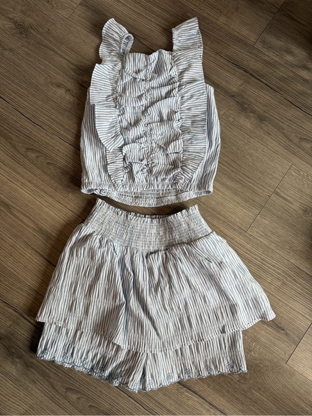 Nanette Lepore Girls White and Light Blue Striped Ruffle Matching Set